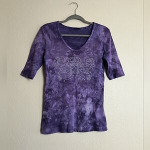 Sledge USA L Purple Short Sleeve Tee Tie Dye Rhinestone V-Neck